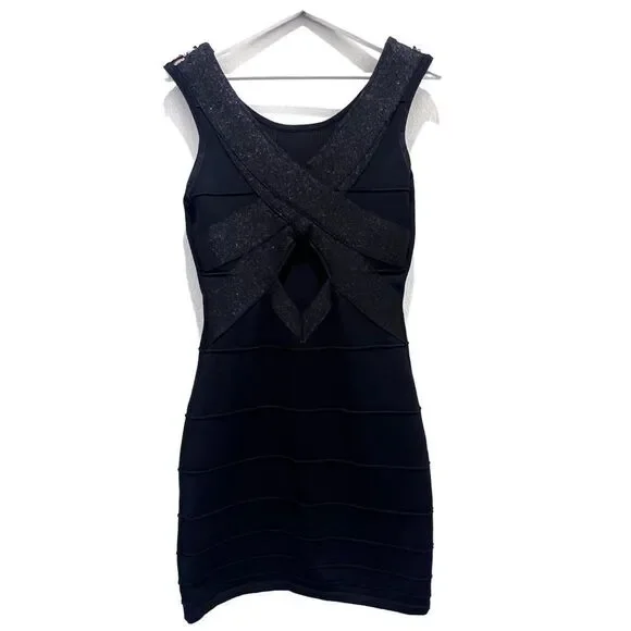 Y2K 2b Bebe Black Metallic Gold Sequin Bandage Sleeveless Cutout Back Slip - Picture 9 of 14